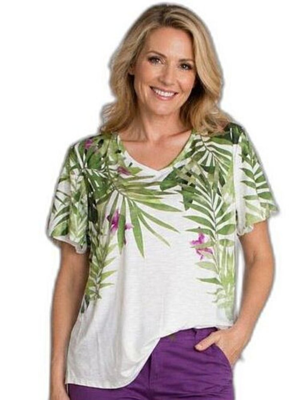 Chico's 2 L 12 14 Purple Lillys & Palm Leaves Short Sleeve Casual Top
